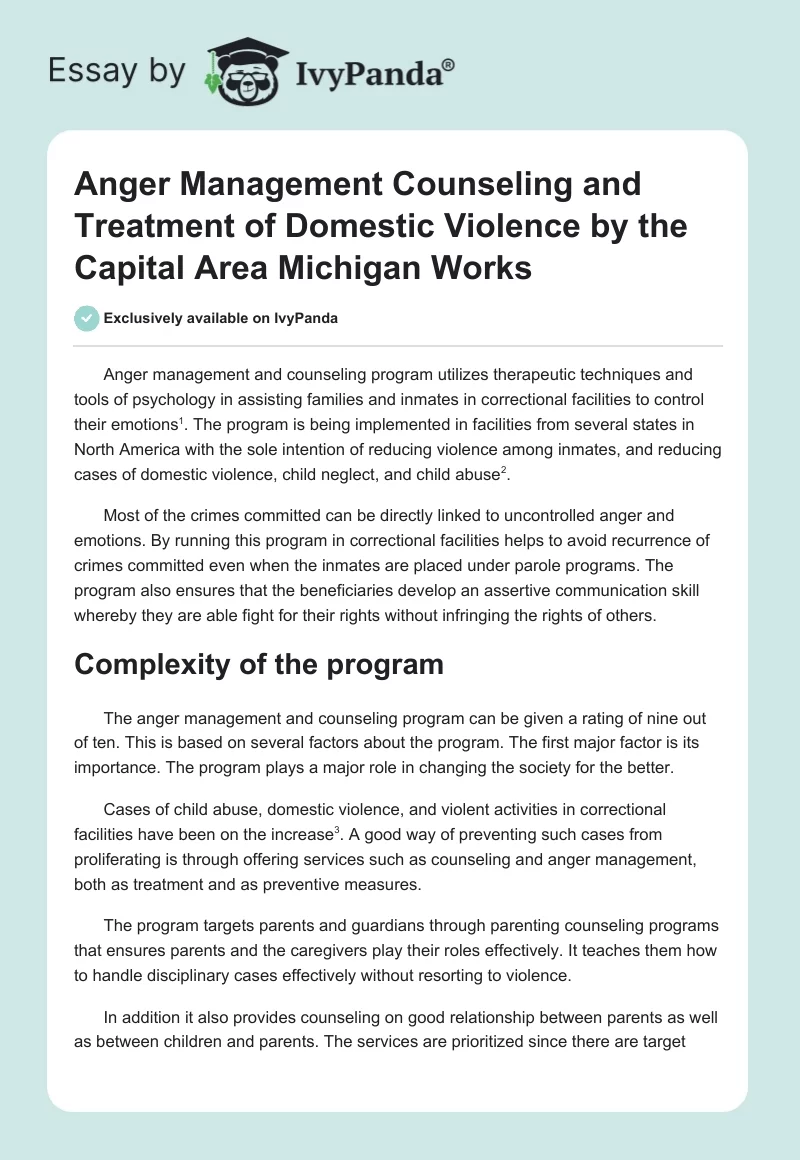 Anger Management Counseling and Treatment of Domestic Violence by the Capital Area Michigan Works. Page 1