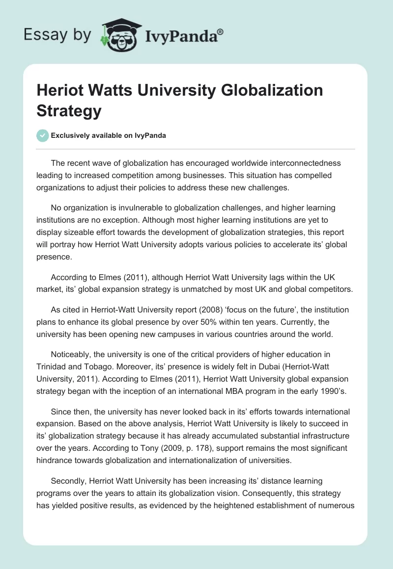 Heriot Watts University Globalization Strategy. Page 1