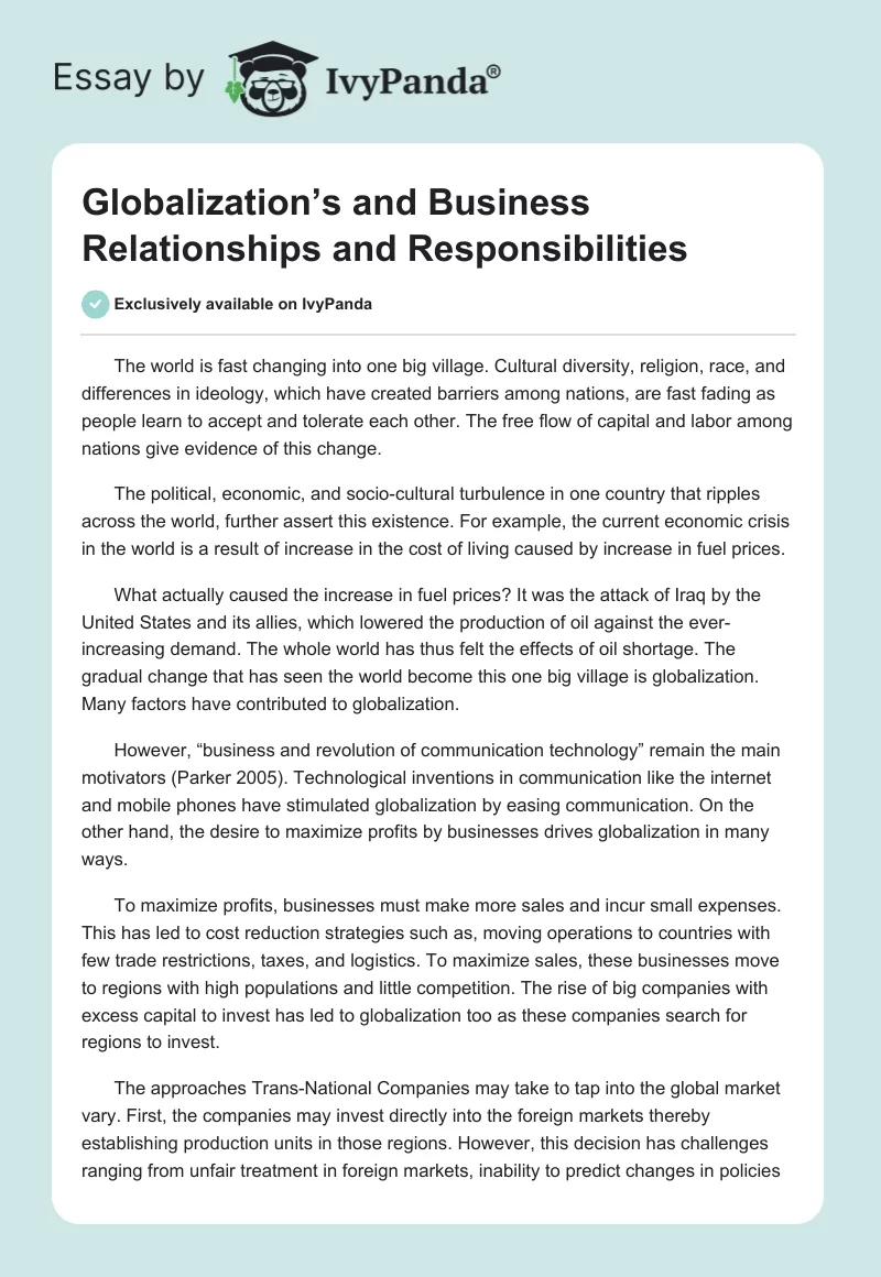 Globalization’s and Business Relationships and Responsibilities. Page 1