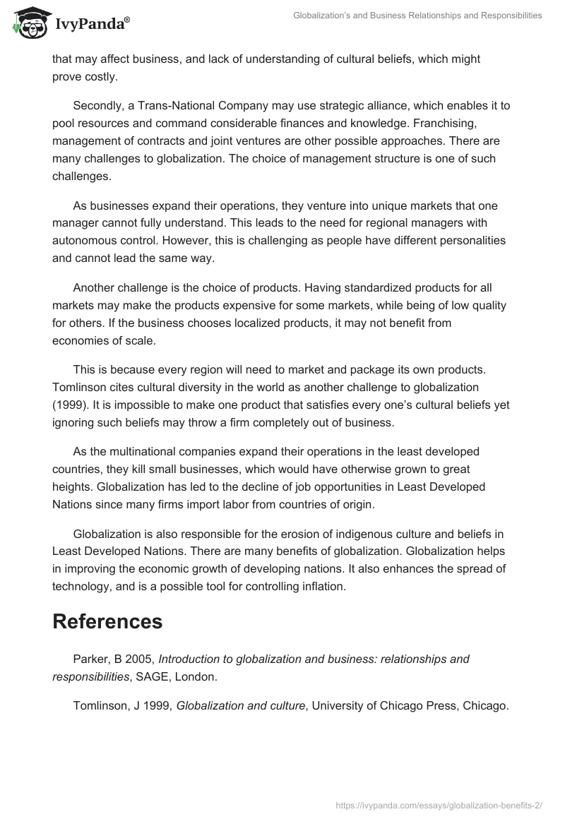 Globalization’s and Business Relationships and Responsibilities. Page 2