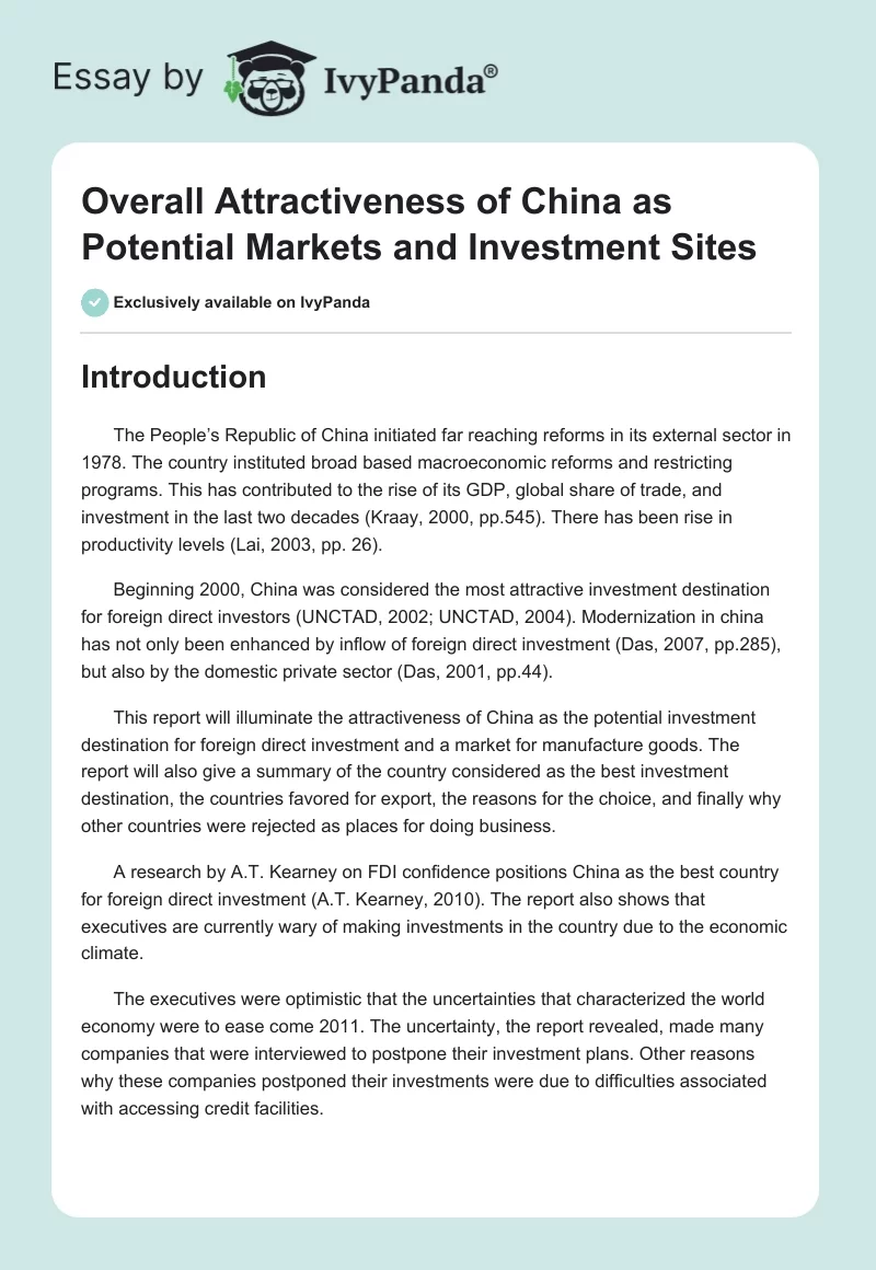 Overall Attractiveness of China as Potential Markets and Investment Sites. Page 1