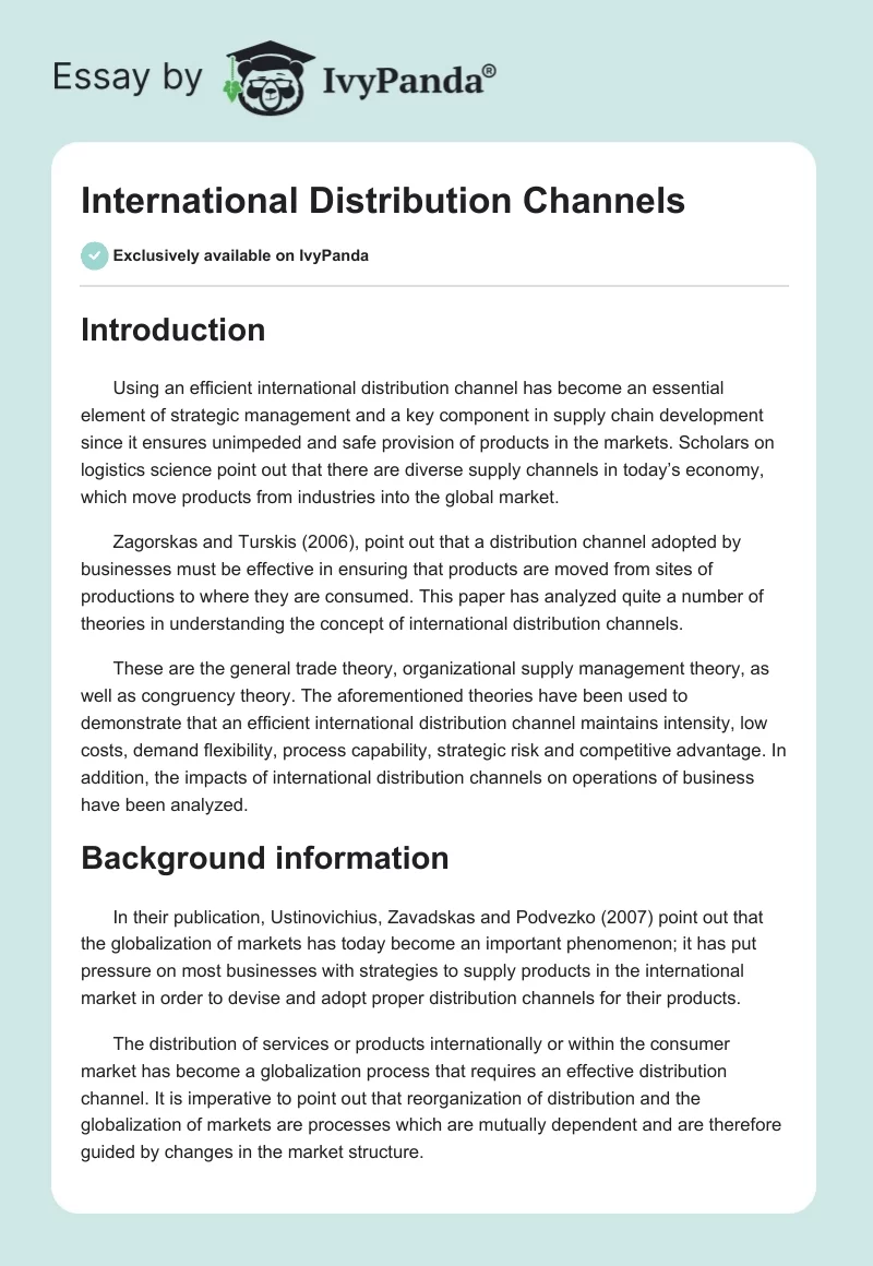 International Distribution Channels - 5270 Words | Research Paper Example