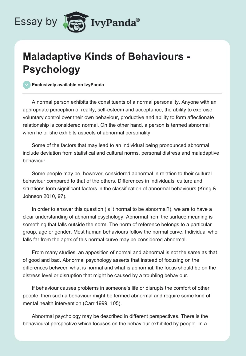 Maladaptive Kinds of Behaviours - Psychology. Page 1