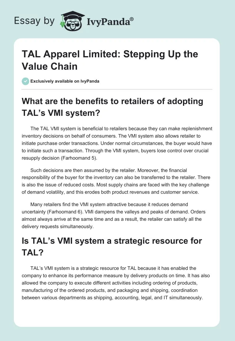 TAL Apparel Limited: Stepping Up the Value Chain. Page 1