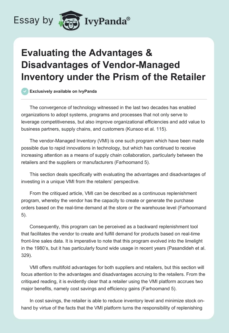 Evaluating the Advantages & Disadvantages of Vendor-Managed Inventory under the Prism of the Retailer. Page 1
