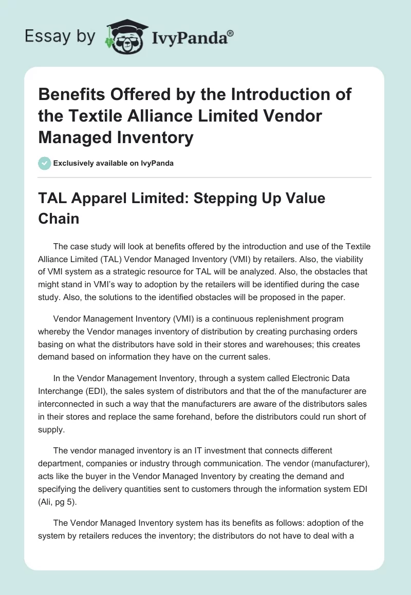 Benefits Offered by the Introduction of the Textile Alliance Limited Vendor Managed Inventory. Page 1