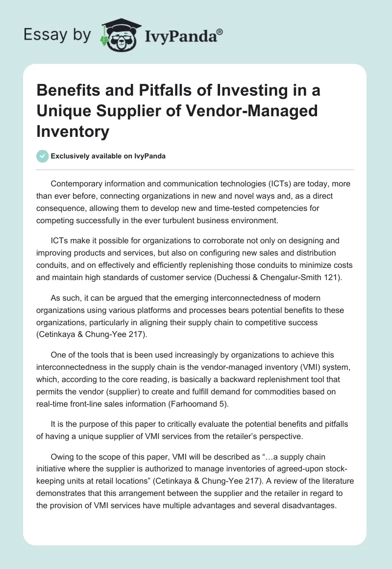 Benefits and Pitfalls of Investing in a Unique Supplier of Vendor-Managed Inventory. Page 1