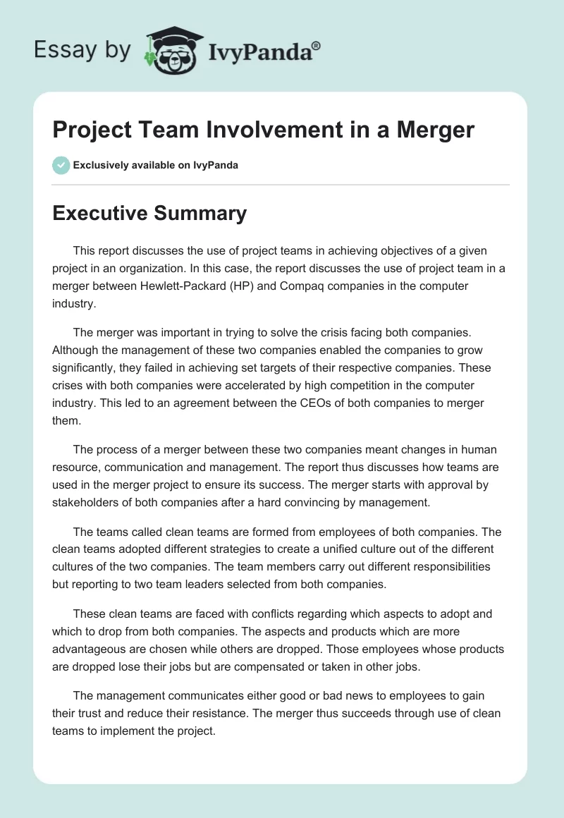 Project Team Involvement in a Merger. Page 1