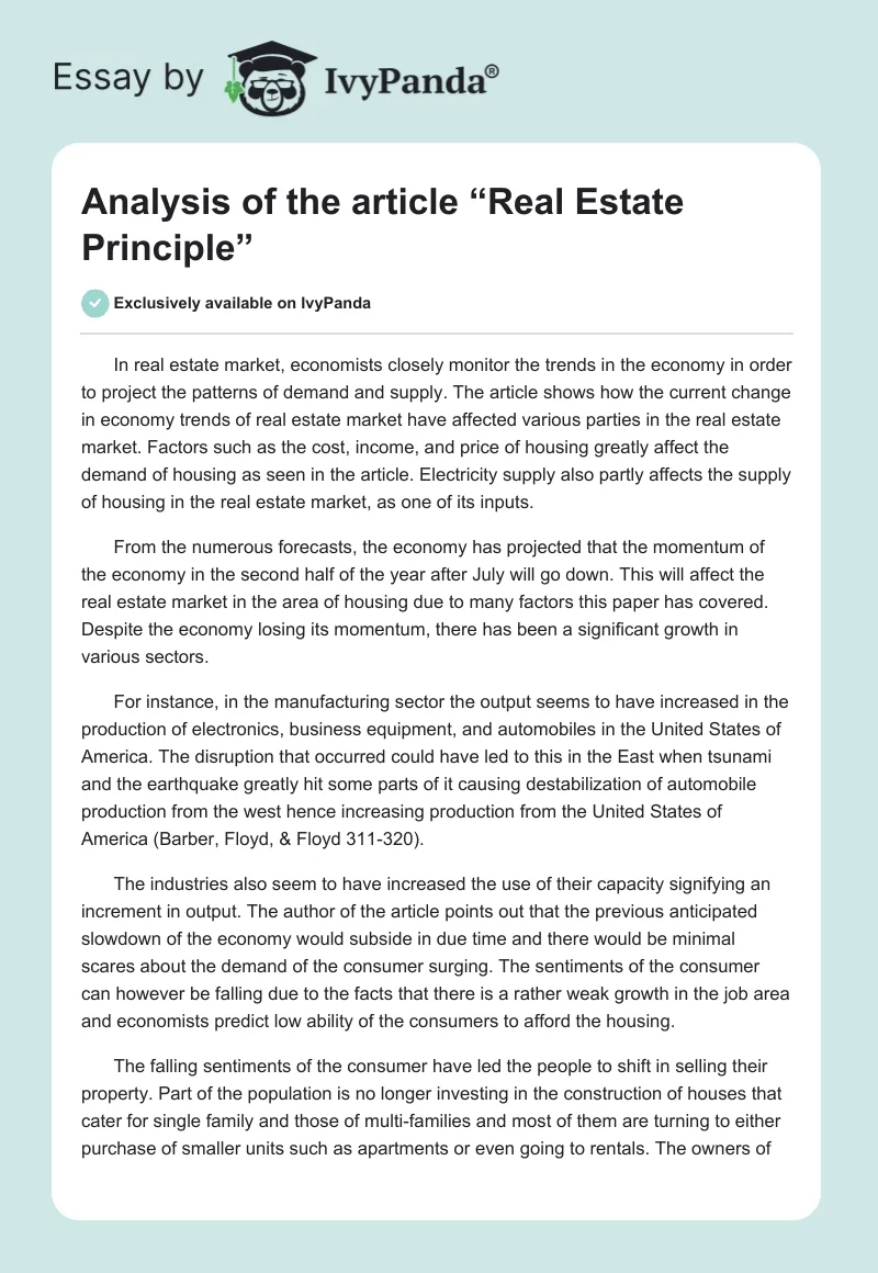 Analysis of the article “Real Estate Principle”. Page 1