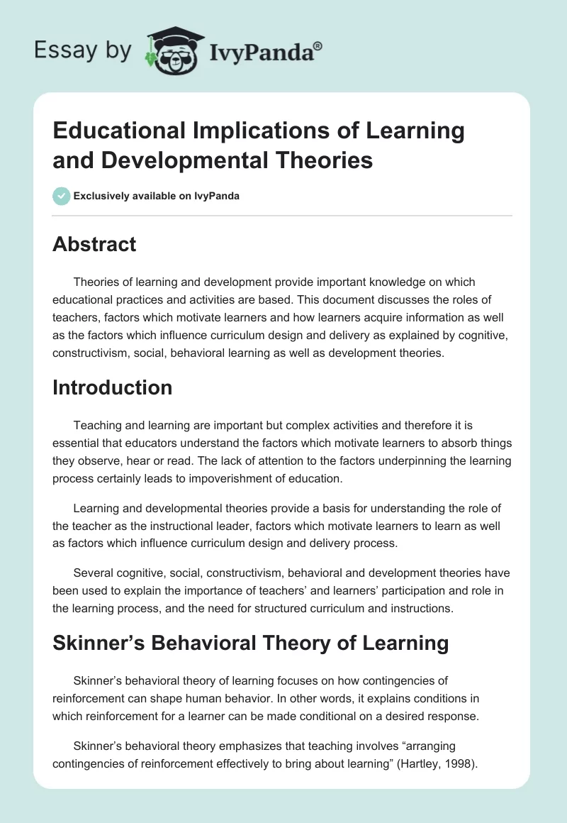 Educational Implications of Learning and Developmental Theories. Page 1