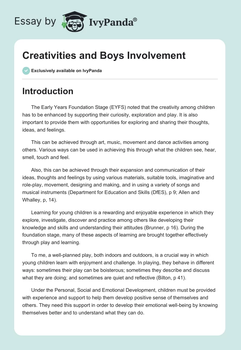 Creativities and Boys Involvement. Page 1