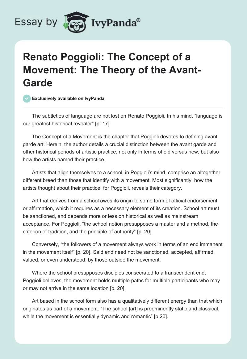 Renato Poggioli: The Concept of a Movement: The Theory of the Avant-Garde. Page 1