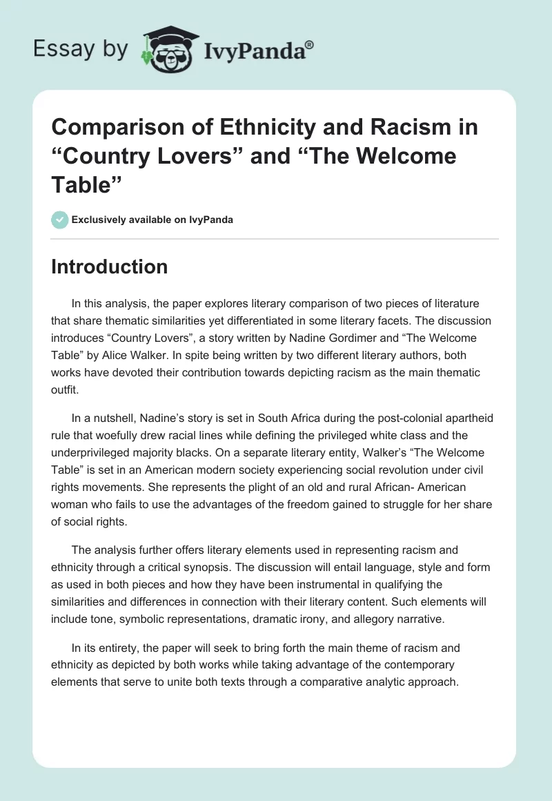 Comparison of Ethnicity and Racism in “Country Lovers” and “The Welcome Table”. Page 1