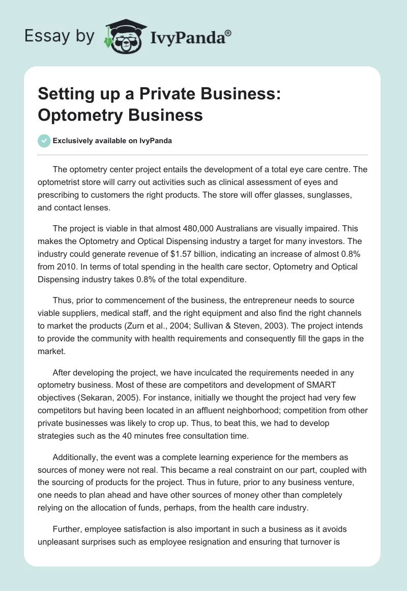 Setting up a Private Business: Optometry Business. Page 1