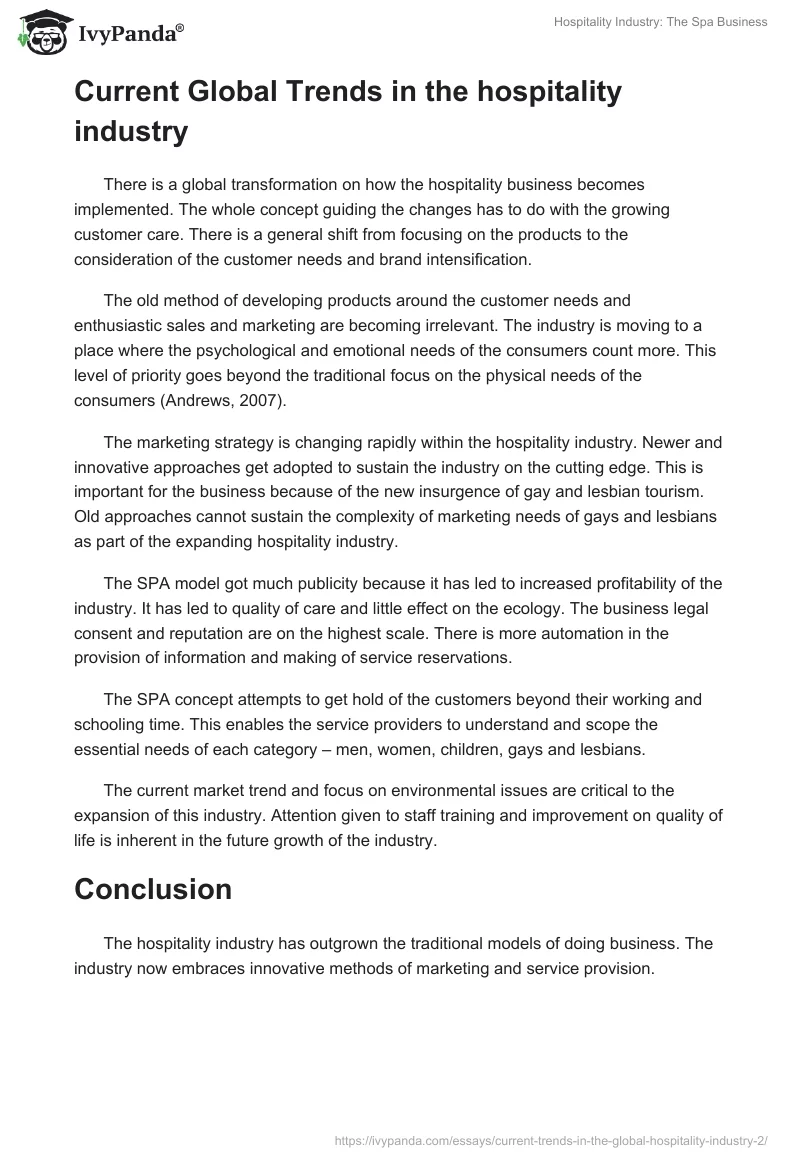 Hospitality Industry: The Spa Business. Page 2