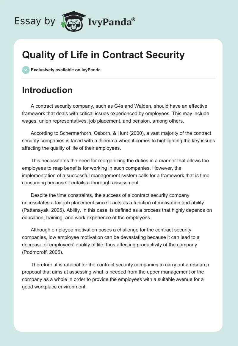 Quality of Life in Contract Security. Page 1