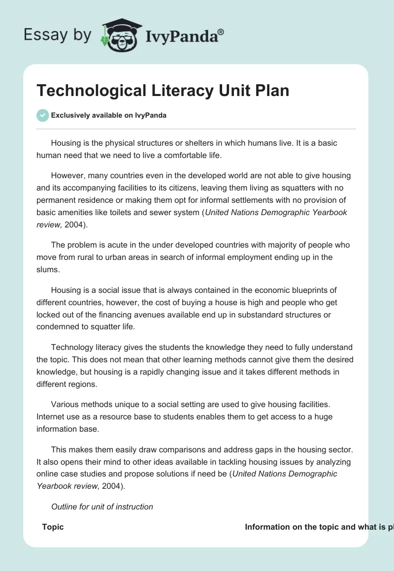 Technological Literacy Unit Plan. Page 1