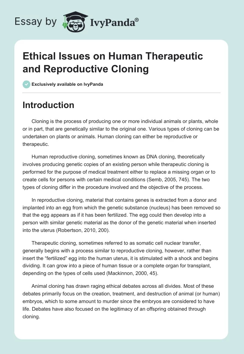 Ethical Issues on Human Therapeutic and Reproductive Cloning. Page 1