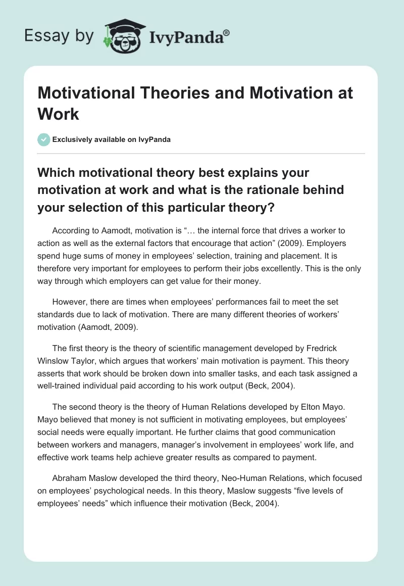 Motivational Theories and Motivation at Work. Page 1