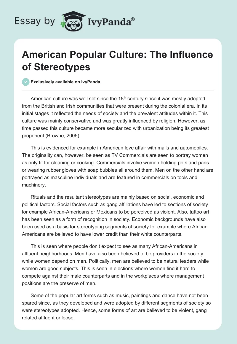 American Popular Culture: The Influence of Stereotypes. Page 1