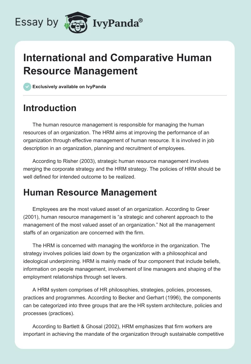 International and Comparative Human Resource Management. Page 1