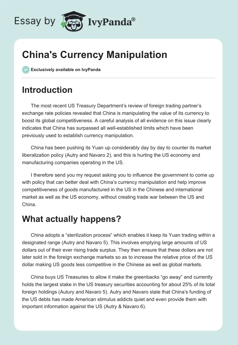 China's Currency Manipulation. Page 1