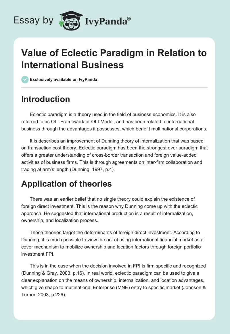 Value of Eclectic Paradigm in Relation to International Business. Page 1