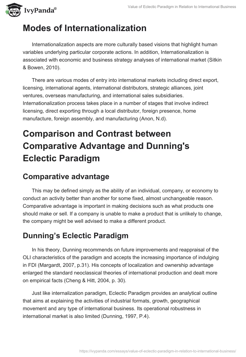 Value of Eclectic Paradigm in Relation to International Business. Page 2