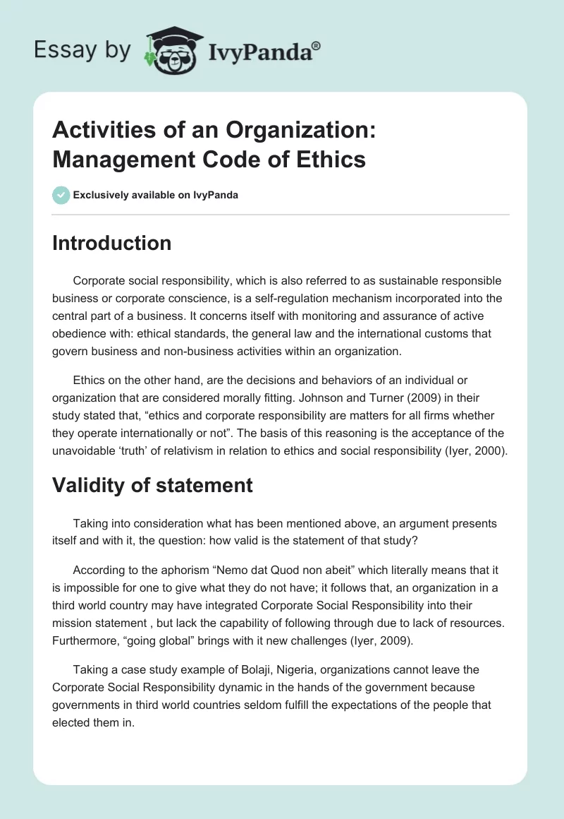Activities of an Organization: Management Code of Ethics. Page 1