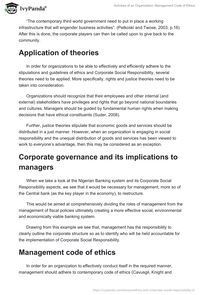Activities of an Organization: Management Code of Ethics. Page 2