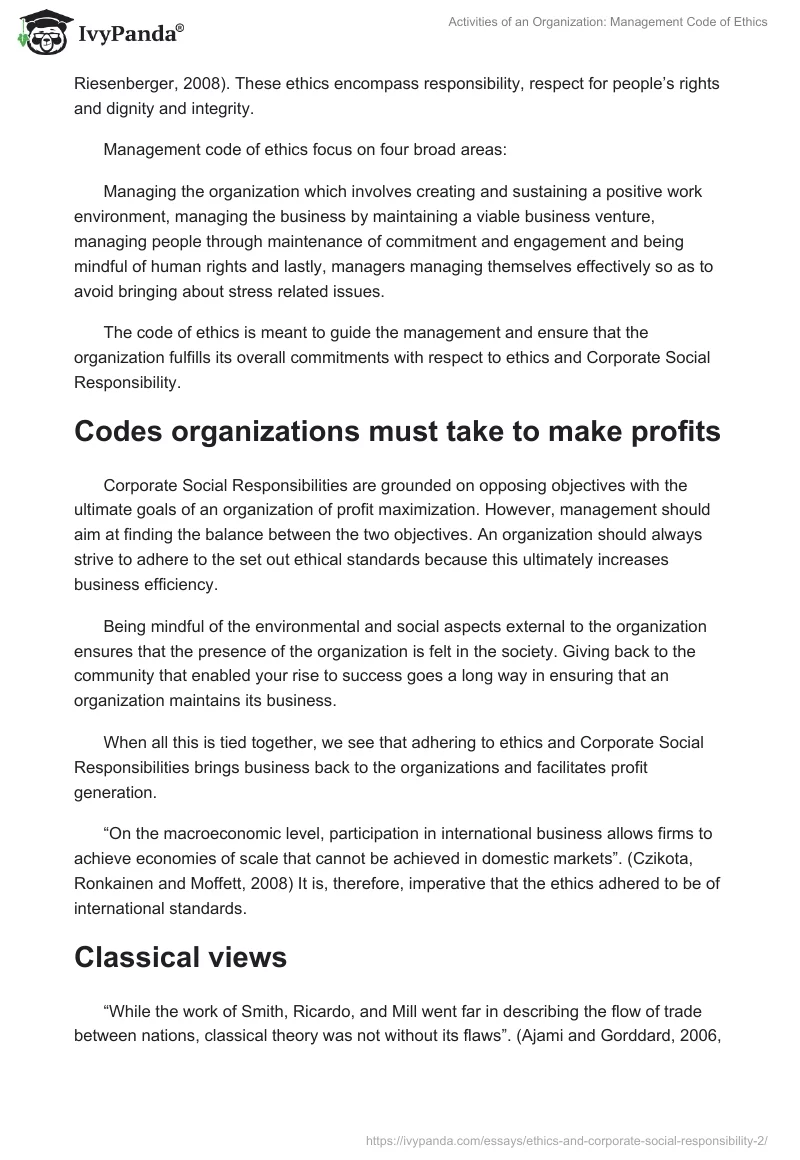 Activities of an Organization: Management Code of Ethics. Page 3