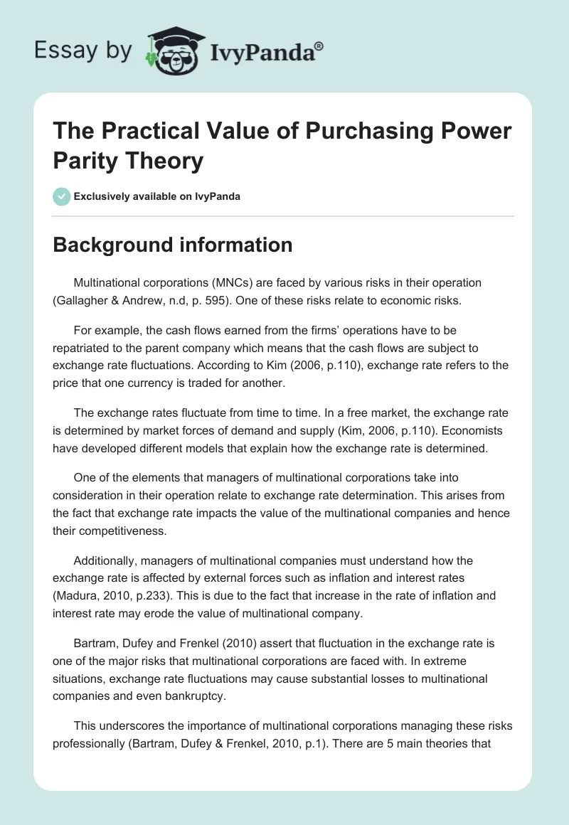 The Practical Value of Purchasing Power Parity Theory. Page 1