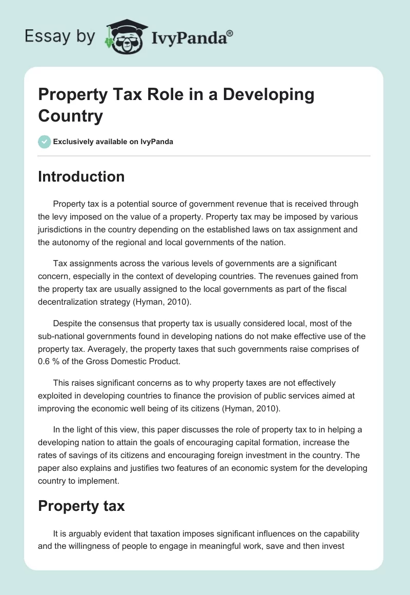 Property Tax Role in a Developing Country. Page 1