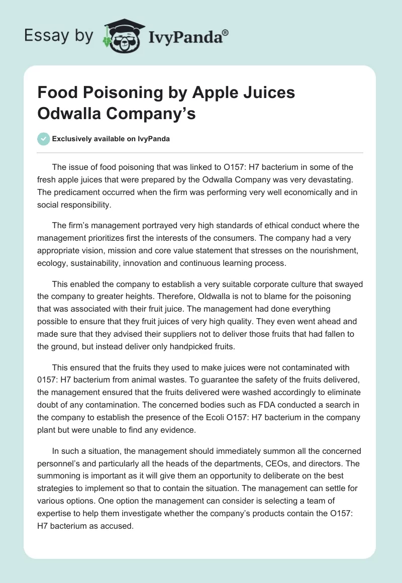Food Poisoning by Apple Juices Odwalla Company’s. Page 1