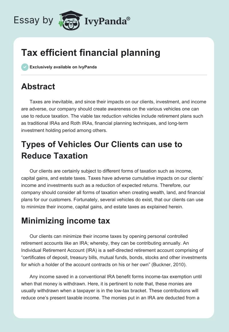Tax efficient financial planning. Page 1