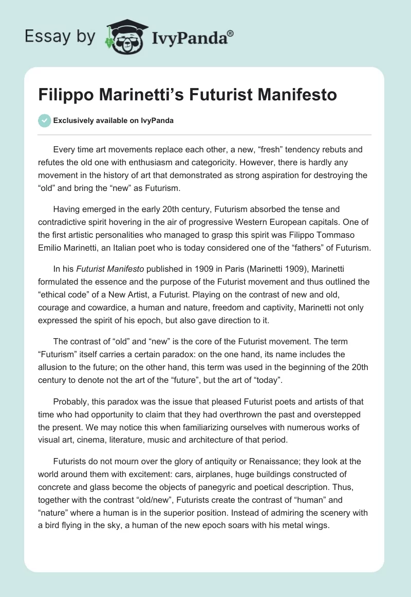 Filippo Marinetti’s Futurist Manifesto. Page 1
