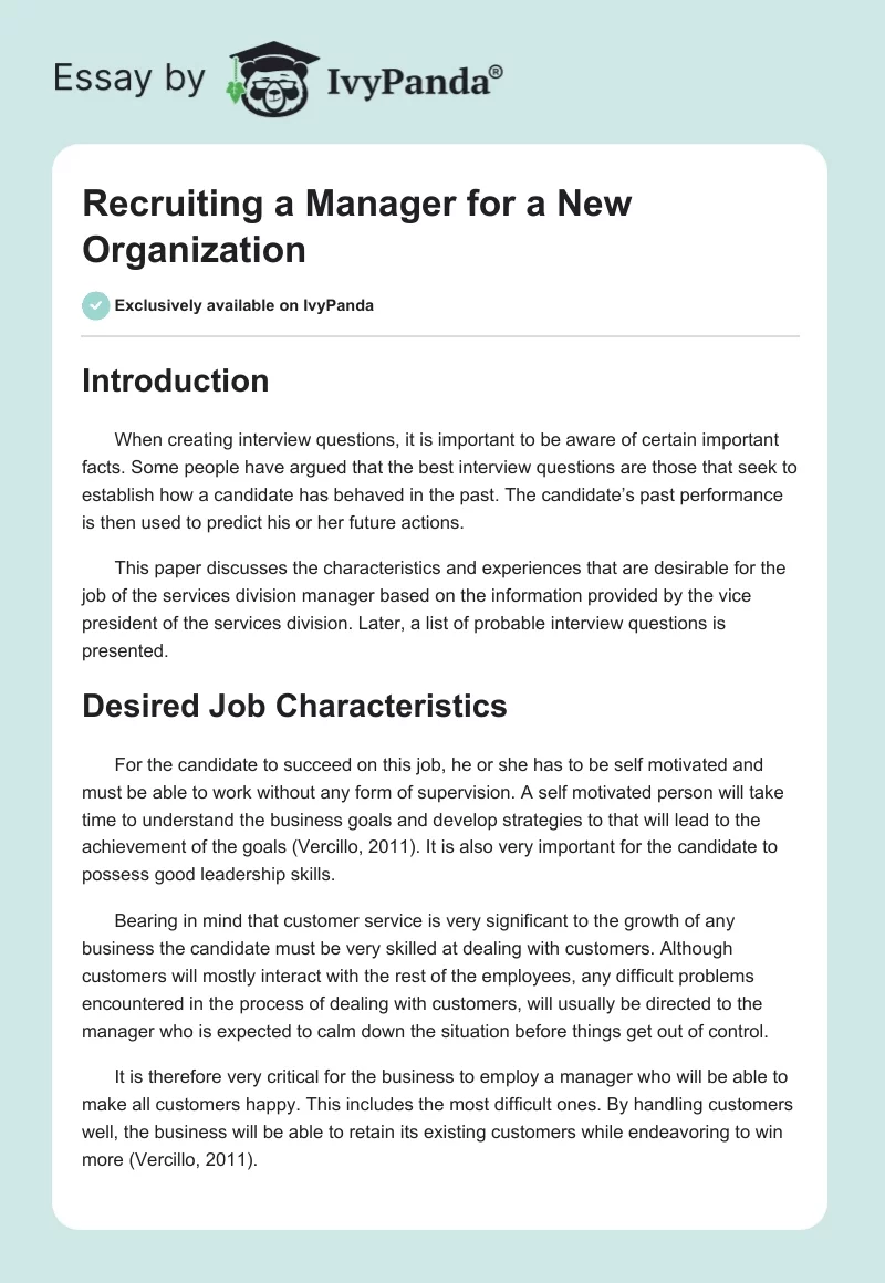 Recruiting a Manager for a New Organization. Page 1