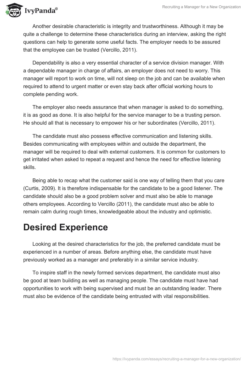 Recruiting a Manager for a New Organization. Page 2