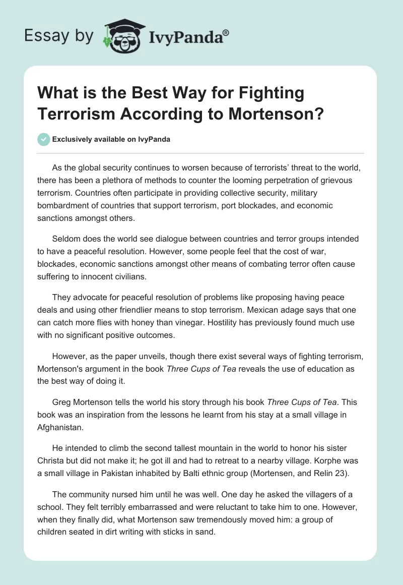 What is the Best Way for Fighting Terrorism According to Mortenson?. Page 1