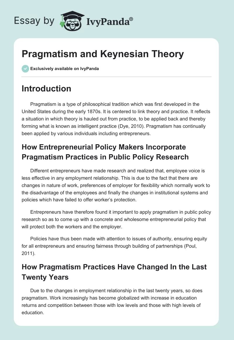 Pragmatism and Keynesian Theory. Page 1