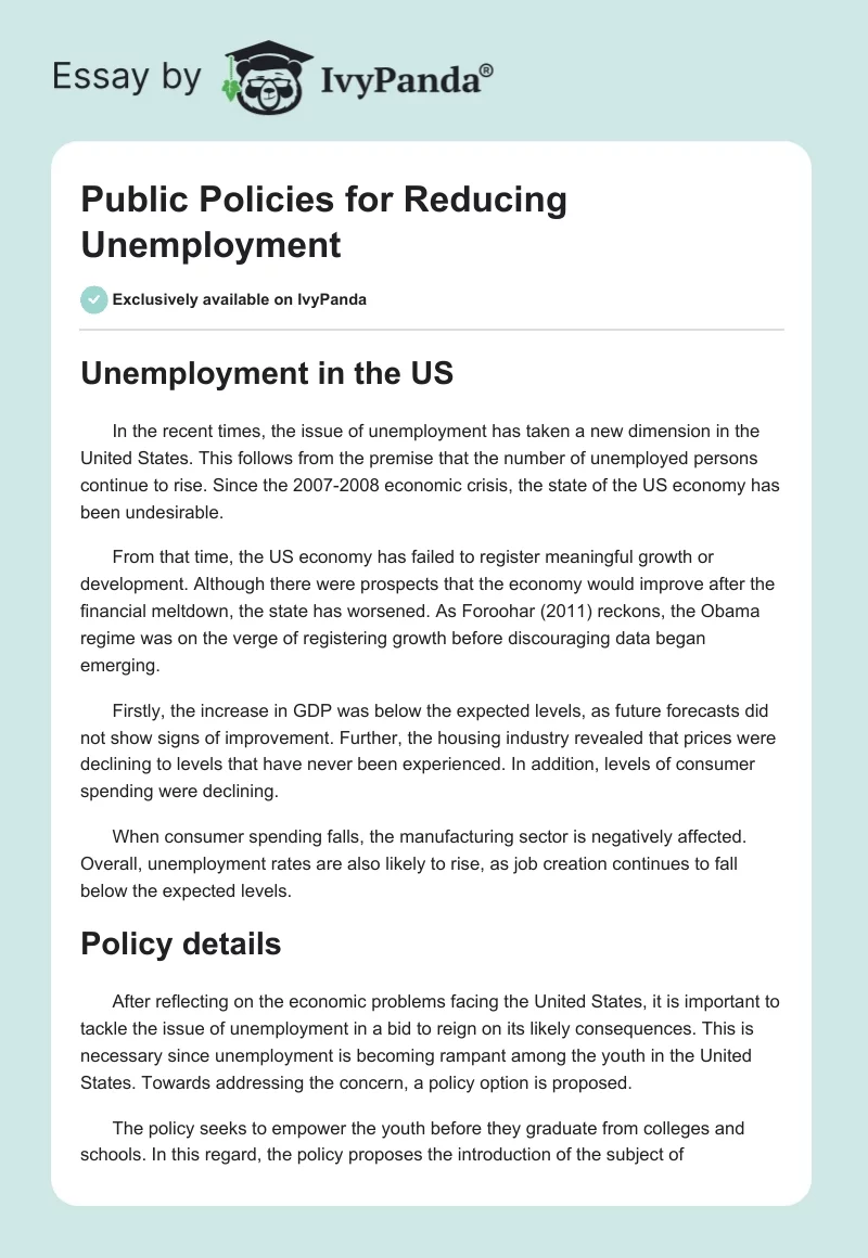 Public Policies for Reducing Unemployment. Page 1