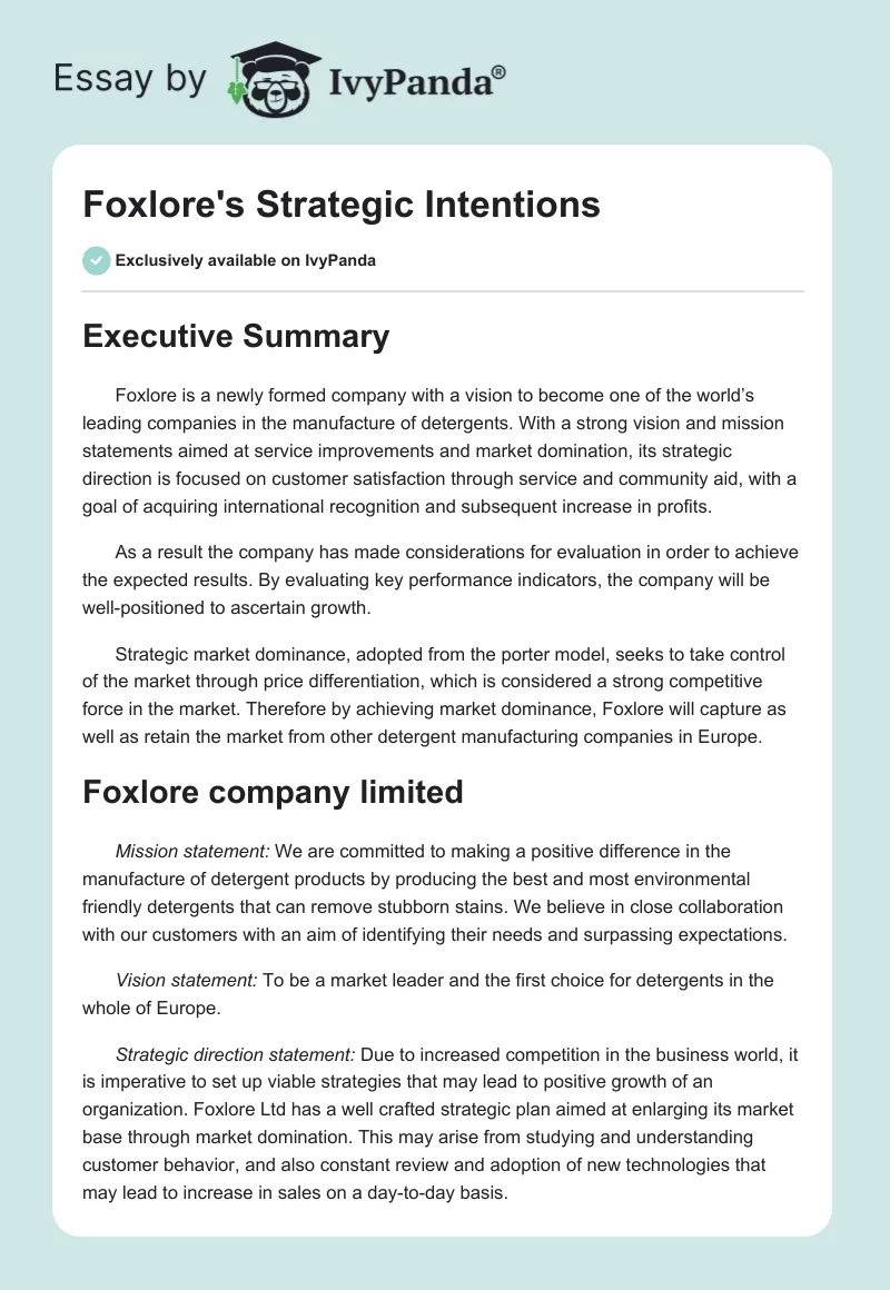 Foxlore's Strategic Intentions. Page 1