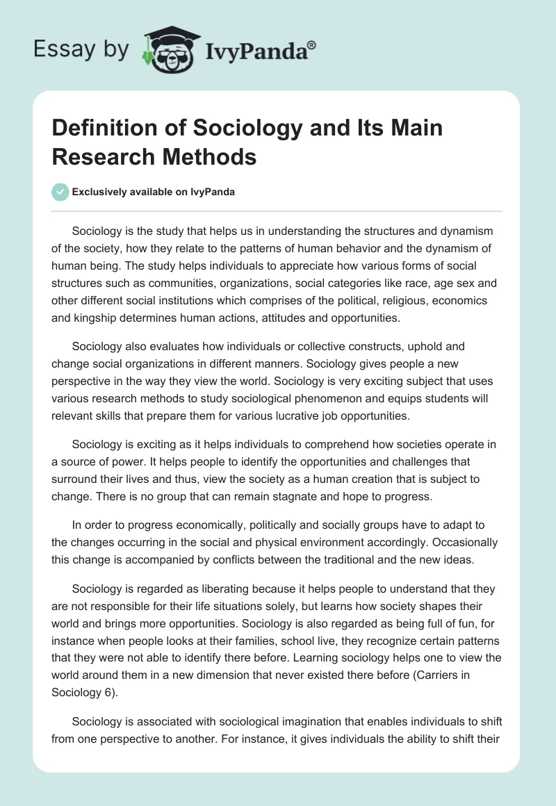 Definition of Sociology and Its Main Research Methods. Page 1