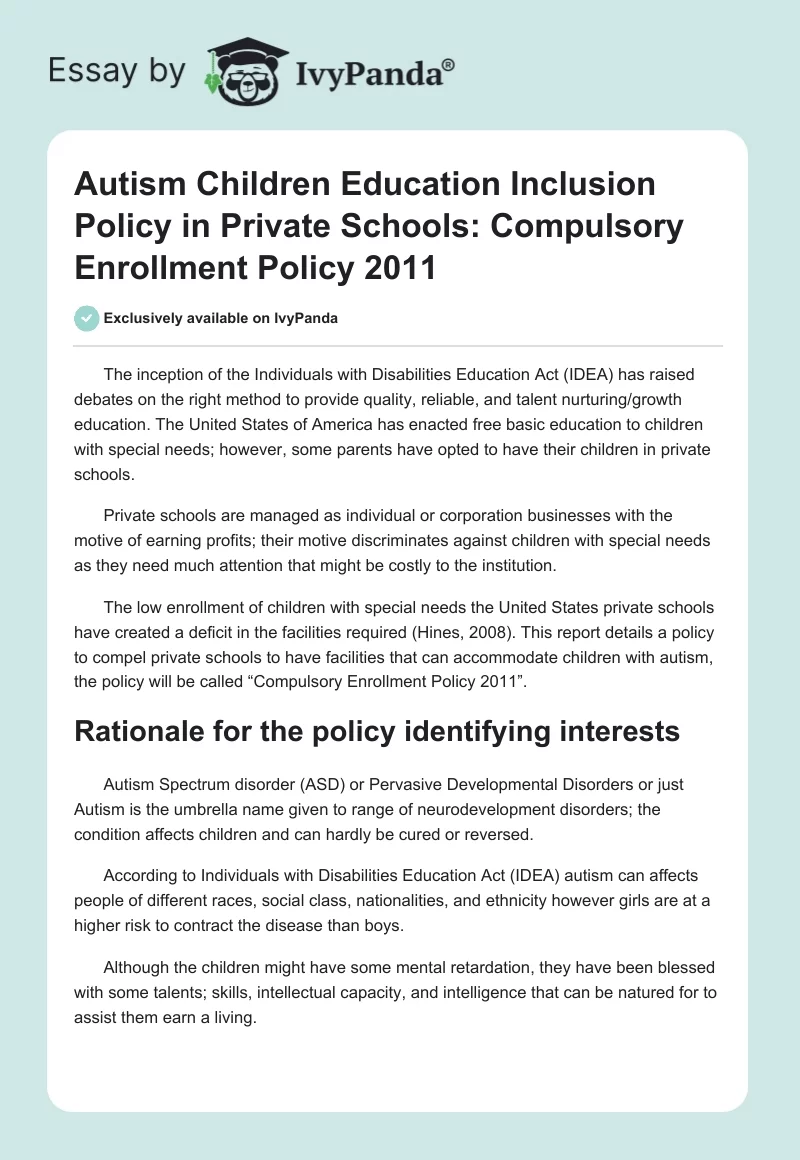 Autism Children Education Inclusion Policy in Private Schools: Compulsory Enrollment Policy 2011. Page 1