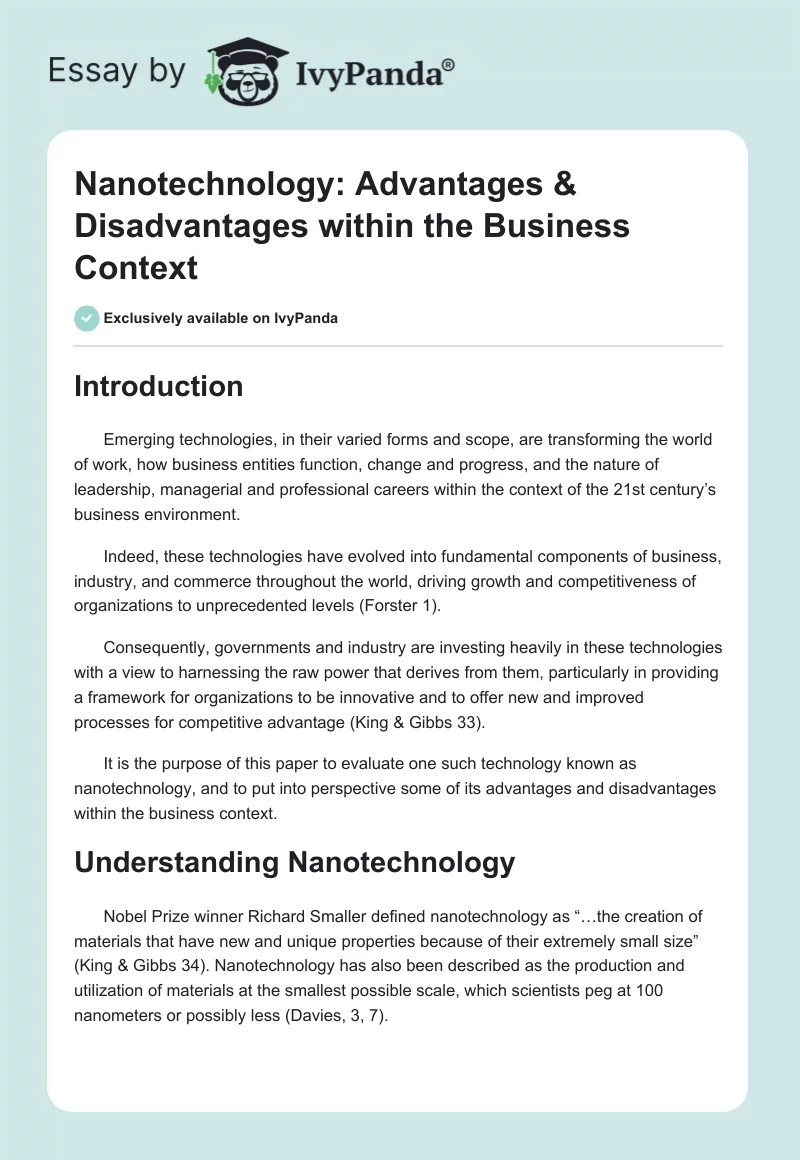 Nanotechnology: Advantages & Disadvantages within the Business Context. Page 1