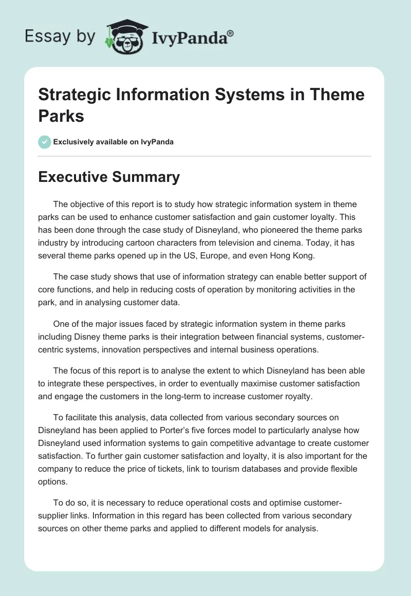 Strategic Information Systems in Theme Parks. Page 1