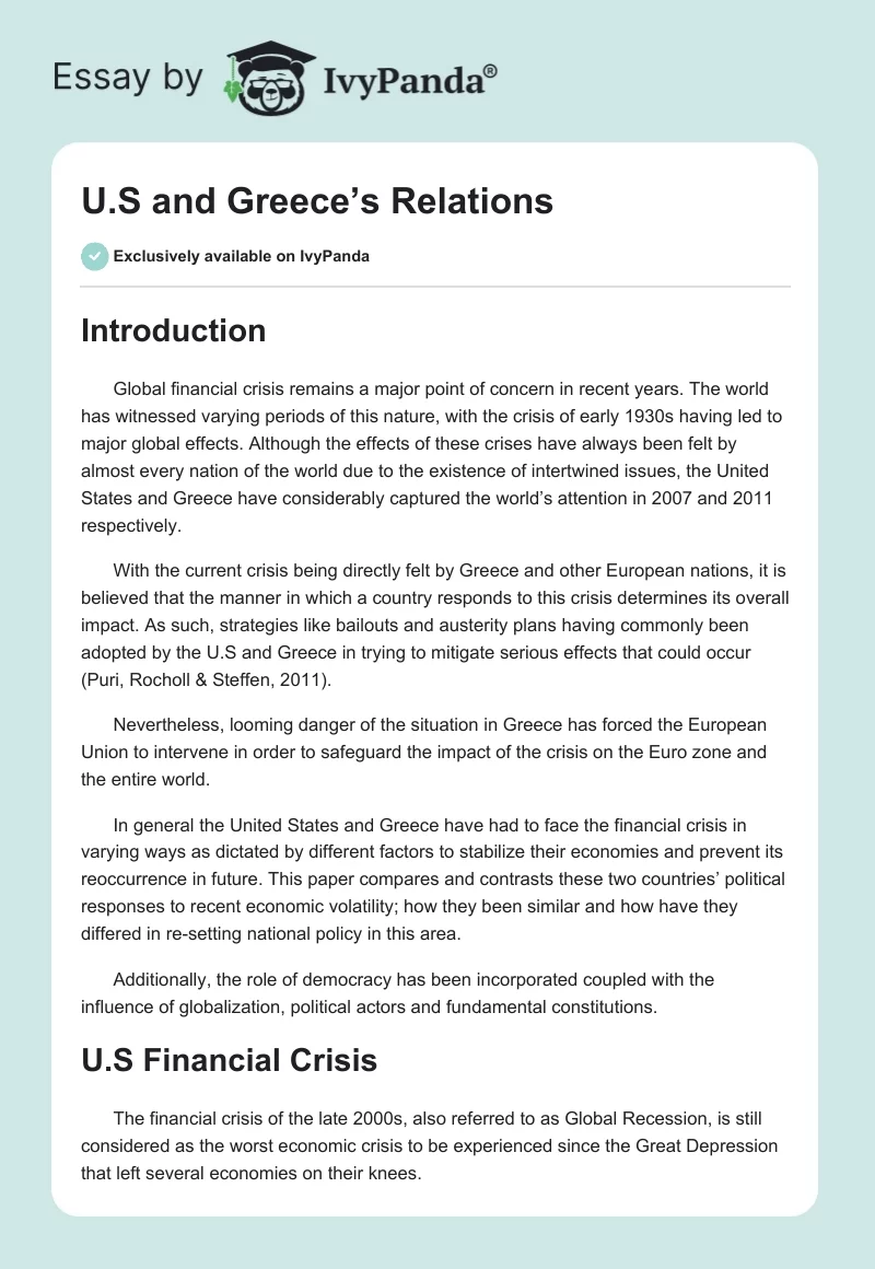 U.S and Greece’s Relations. Page 1