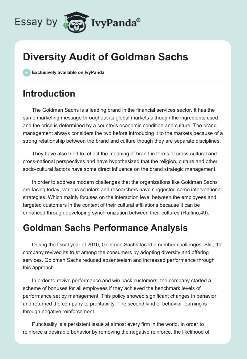Diversity Audit of Goldman Sachs. Page 1
