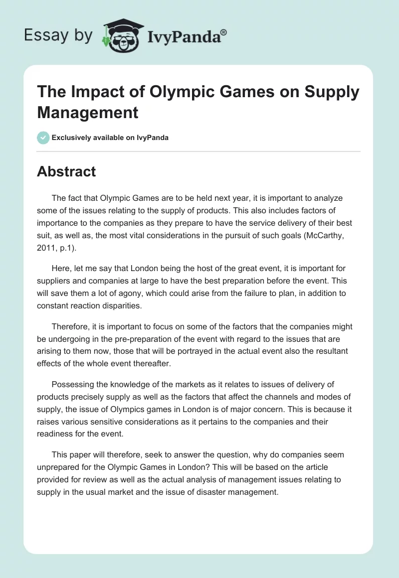 The Impact of Olympic Games on Supply Management. Page 1