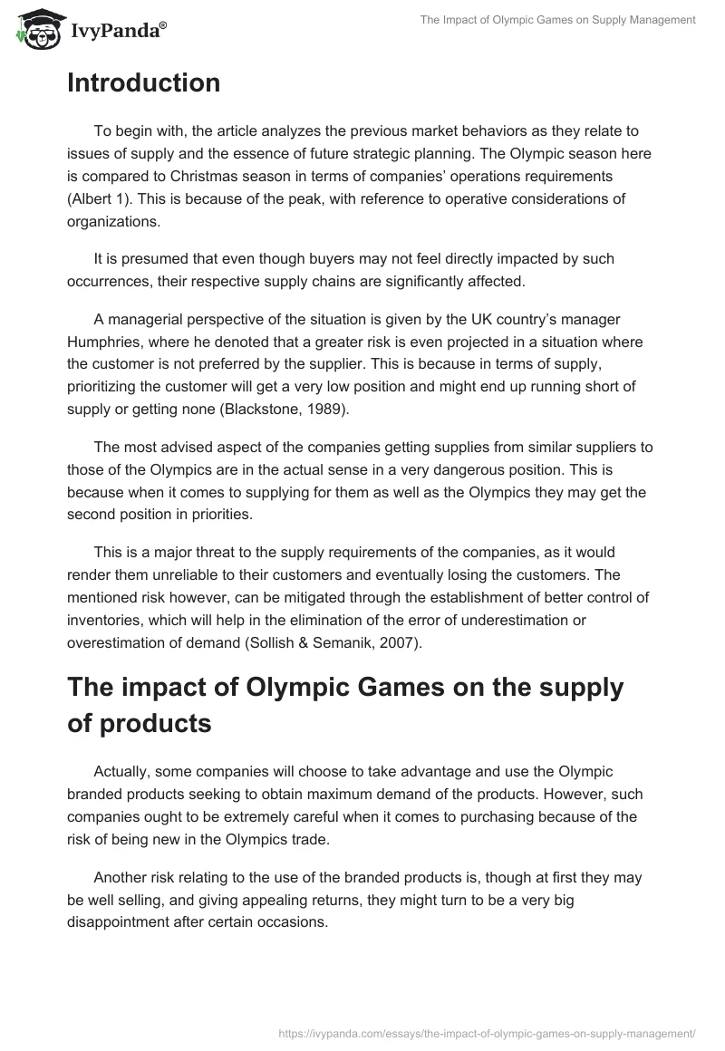 The Impact of Olympic Games on Supply Management. Page 2
